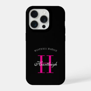 Coque iPhone 15 Pro Nom Monogramme Moderne Noir Rose Blanc