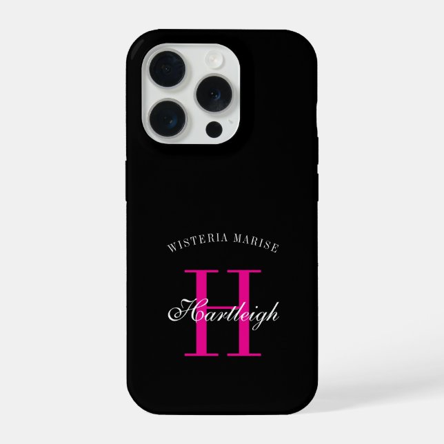 Coque iPhone Nom Monogramme Moderne Noir Rose Blanc (Verso)