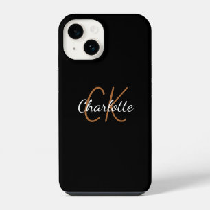 Coque Pour iPhone 14 Nom monogramme or noir écriture élégante