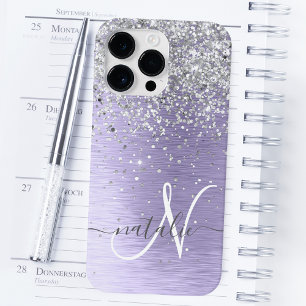 Coque Pour Pour iPhone 14 Pro Max Nom Monogramme Pailleté Argent Métal Brossé Violet