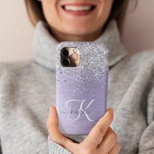 Coque iPhone 16 Pro Nom Monogramme Pailleté Argent Métal Brossé Violet
