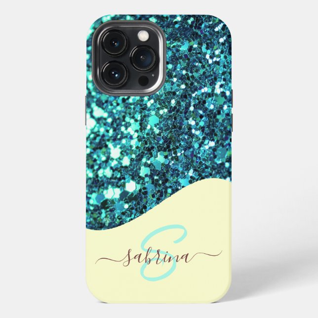 Coque iPhone Nom Monogrammé Pailleté avec Effet de Coulée Vert  (Verso)