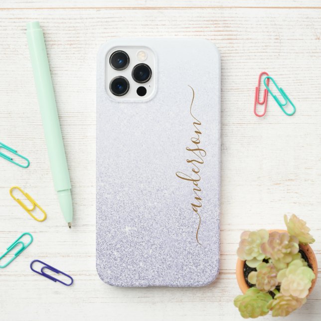 Coque iPhone Nom monogrammé pailleté élégant (Sur le bureau)