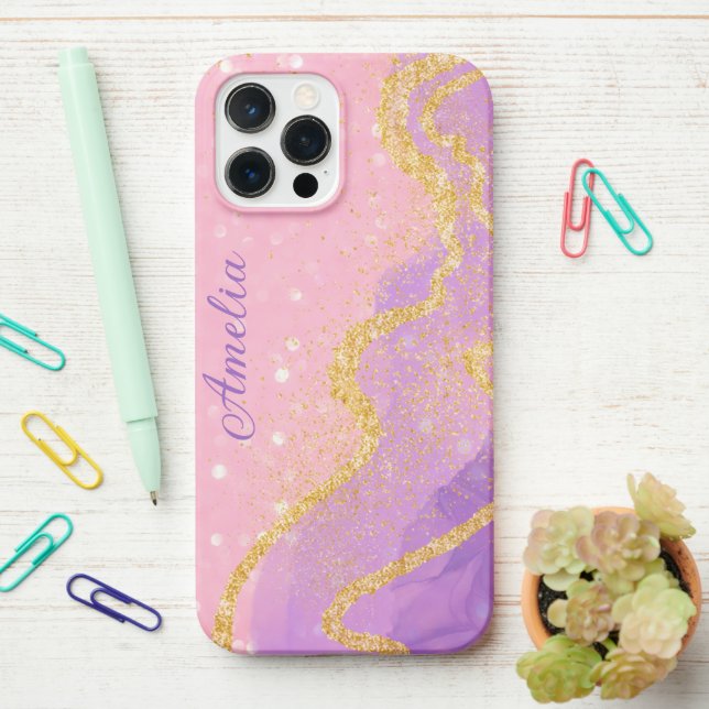 Coque iPhone Nom monogrammé pailleté élégant (Sur le bureau)