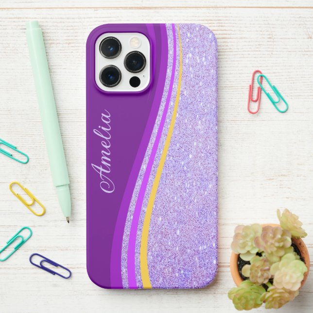 Coque iPhone Nom monogrammé pailleté élégant (Sur le bureau)