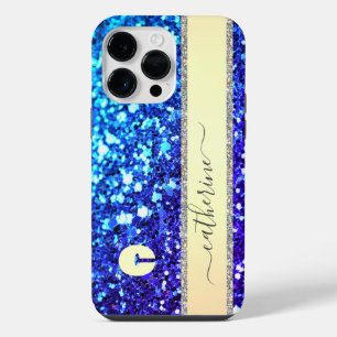 Coque Pour Pour iPhone 14 Pro Max Nom Monogrammé Pailleté Rayure Navy Tendance Éléga