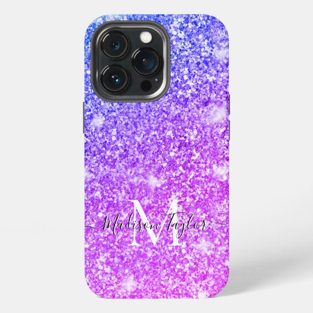 Coque iPhone Nom Monogramme Pailleté Rose et Violet Féminin    (Dos)