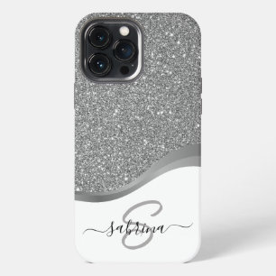 Etui iPhone 13 Pro Max Nom Monogramme Paillettes Argent Noir Élégant Clas