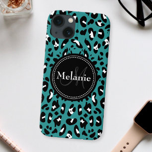 Etui iPhone 13 Nom Monogramme Turquoise Léopard blanc noir Motif