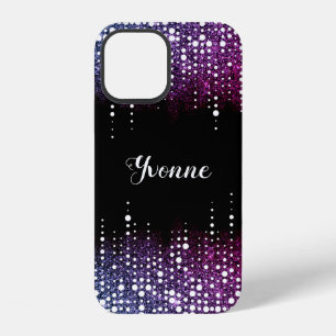Coque iPhone 12 Nom ombré glamour pluie scintillante violette