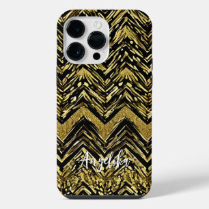 Coque Pour Pour iPhone 14 Pro Max Nom personnalisé Abstrait Chevron Gold et Black