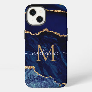 Etui iPhone 13 Nom personnalisé Agate Marine Blue Gold Geode Marb