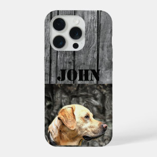 Coque iPhone 15 Pro Nom personnalisé Chasse Chien Rustique Jaune Lab C