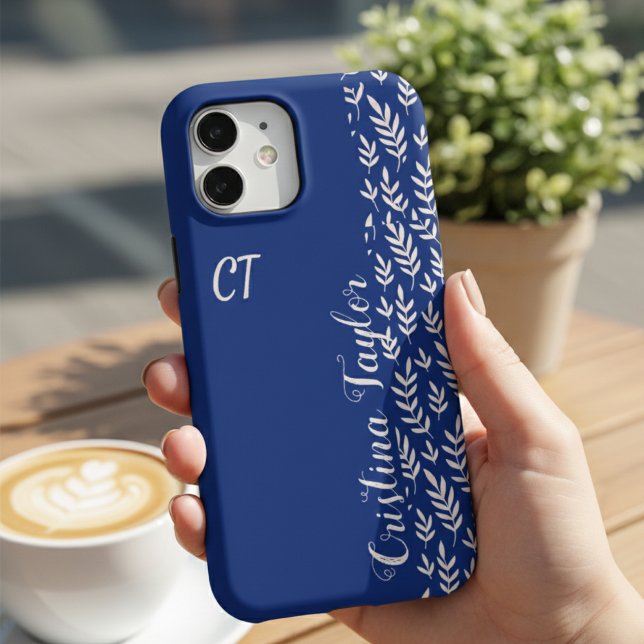Coque iPhone Nom personnalisé Chic Bleu Nuit & Rose Pâle Feuill (Créateur téléchargé)