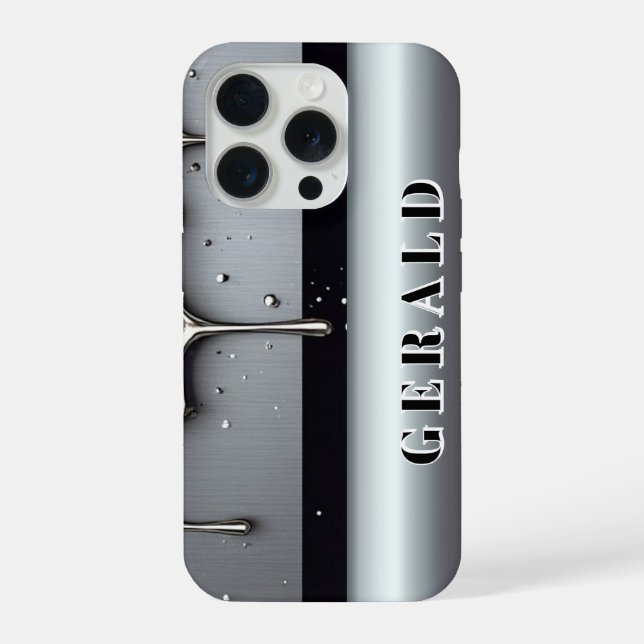 Coque iPhone ✨ Nom personnalisé Chrome Flow Liquide Métal Goutt (Verso)