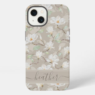 Etui iPhone 13 Nom personnalisé dessiné Magnolia blanc sur beige