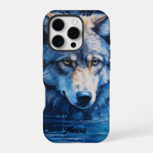 Coque iPhone 16 Pro Nom personnalisé du loup d'aquarelle moderne