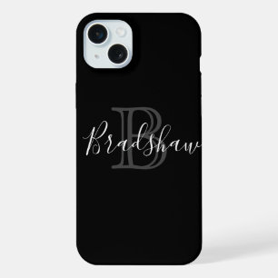Coque iPhone 15 Plus Nom personnalisé du monogramme d'argent noir
