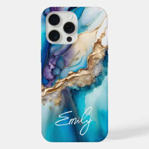 Coque iPhone 15 Pro Max Nom personnalisé en écriture cursive sur marbre bl