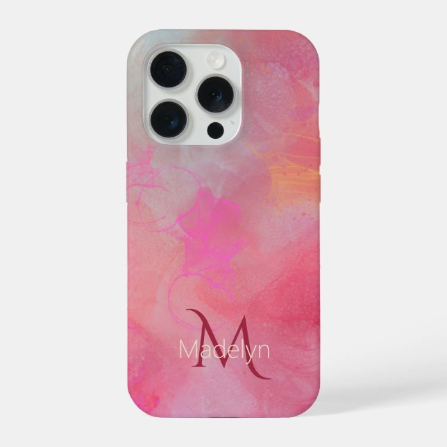 Coque iPhone Nom personnalisé + Encre rose aquarelle monogramme (Verso)