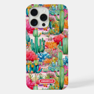 Coque iPhone 15 Pro Max Nom personnalisé floral cactus coloré prépa