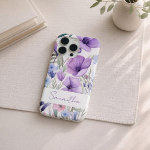 Coque iPhone 15 Pro Nom Personnalisé Floral Élégant Violet