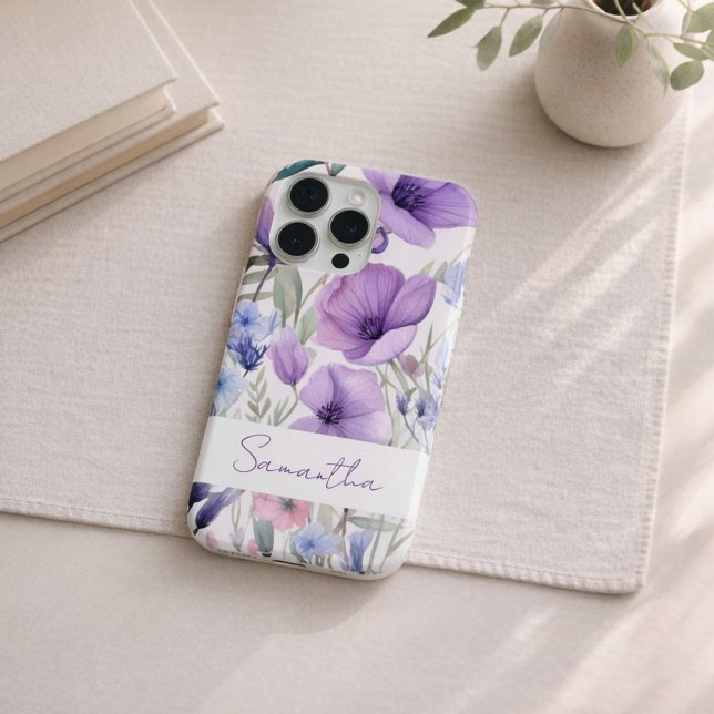 Coque iPhone Nom Personnalisé Floral Élégant Violet (Créateur téléchargé)