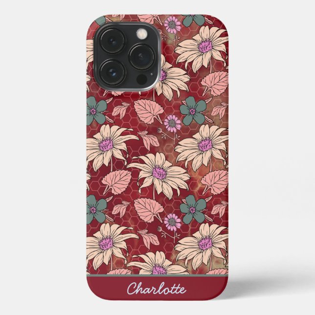 Coque iPhone Nom personnalisé floral sans couture motif rouge (Verso)