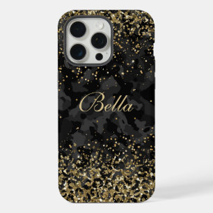 Coque iPhone 15 Pro Max Nom personnalisé girly pailleté or noir moderne