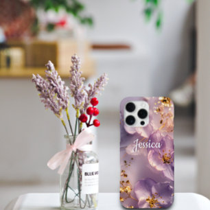 Coque iPhone 16 Pro Max Nom personnalisé Lavande Floral Or Personnalisé