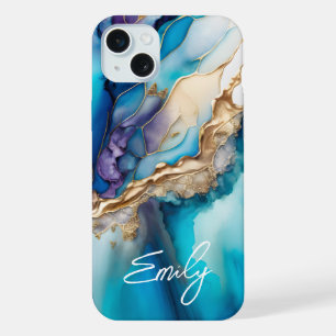 Coque iPhone 15 Plus Nom Personnalisé Marbre Bleu Or Élégant Moderne