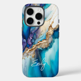 Coque iPhone 16 Pro Nom Personnalisé Marbre Bleu Or Élégant Moderne