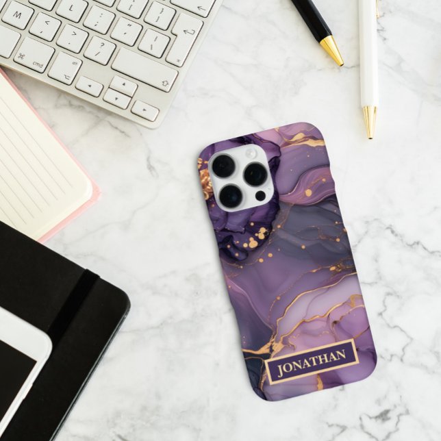 Coque iPhone Nom personnalisé Marbre Violet Impression Or Perso (Créateur téléchargé)