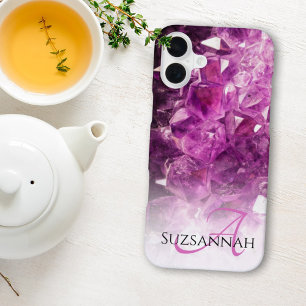 Coque iPhone 16 Plus Nom Personnalisé Monogramme Purple Ombre Crystals