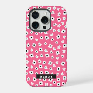 Coque iPhone 15 Pro Nom personnalisé motif fleur rose féminine