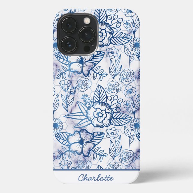 Coque iPhone Nom personnalisé motif floral bleu transparent (Verso)