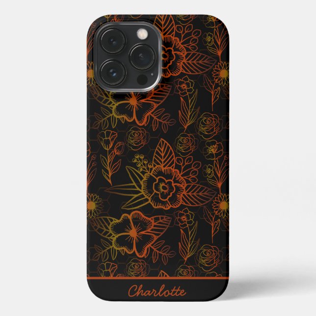 Coque iPhone Nom personnalisé motif floral orange (Verso)