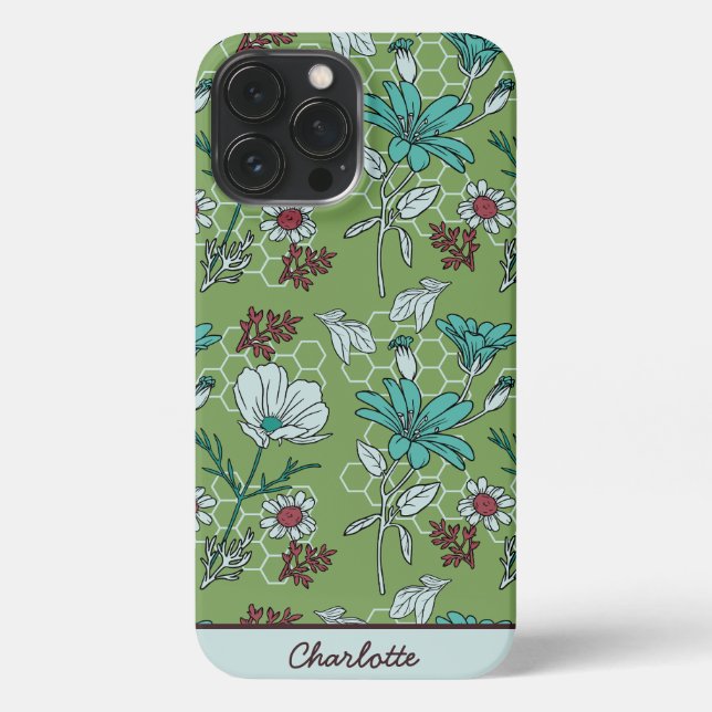 Coque iPhone Nom personnalisé motif floral vert transparent (Verso)