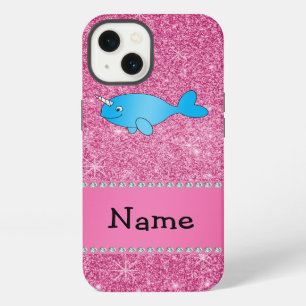 Etui iPhone 13 Nom personnalisé narval bleu paillettes roses