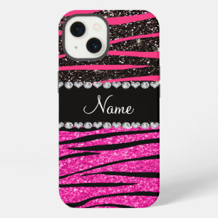 Etui iPhone 13 Nom personnalisé néon rose chaud et rayures de zèb