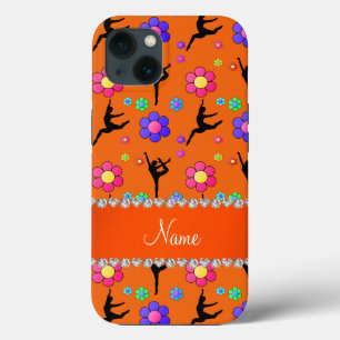 Etui iPhone 13 Nom personnalisé orange fleurs de gymnastique