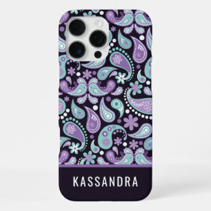 Coque iPhone 16 Pro Max Nom personnalisé paisley violet sarcelle