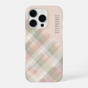 Coque iPhone 16 Pro Nom personnalisé Pastel Plaid pêche vert joli