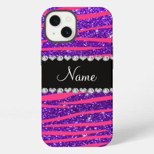 Etui iPhone 13 Nom personnalisé rayures de zèbre rose chaud paill