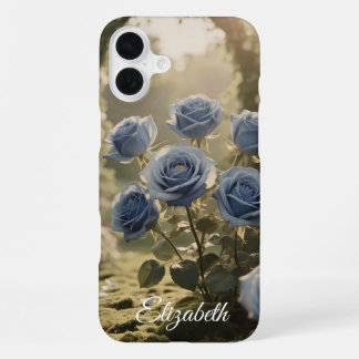 Coque iPhone 16 Plus Nom personnalisé Rose bleue enchantée Floral roman