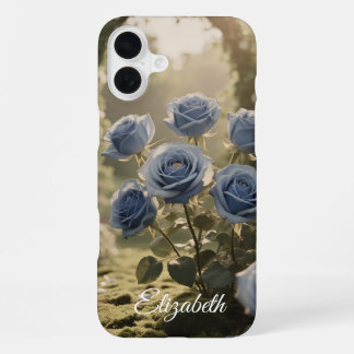 Coque iPhone 16 Plus Nom personnalisé Rose bleue enchantée Floral roman