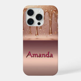 Coque iPhone 15 Pro Nom personnalisé Rose Gold Drip ✨ Paillettes métal