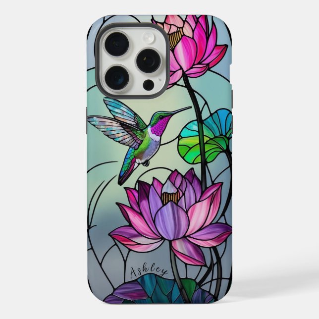 Coque iPhone Nom personnalisé Verre tendu Floral Colibri (Verso)