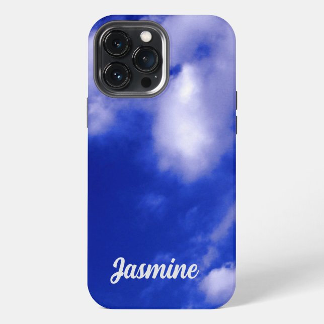 Coque iPhone Nom propre manuscrit simple Ciel bleu Nuages (Verso)
