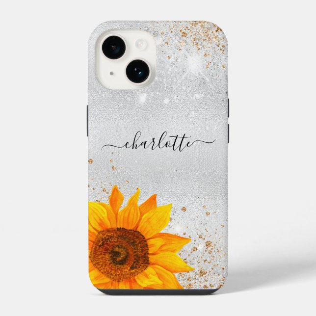 Coque iPhone nom tournesol pailleté argent (Verso)